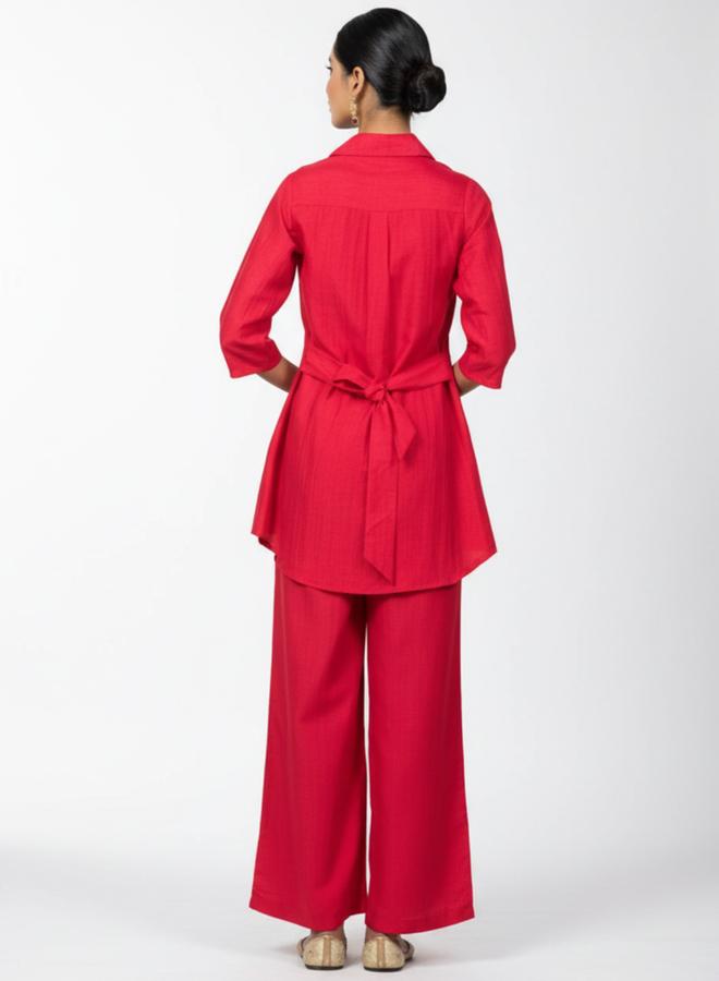WineRed Women Embroidered Shirt and Wide Leg Trousers Co-ords - Image 3